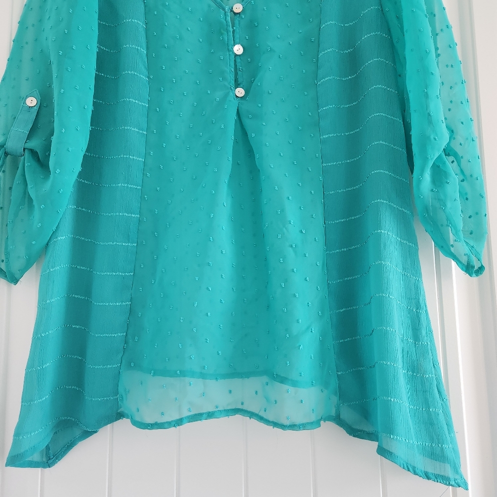 Figueroa & Flower Sheer Teal Blouse Top Medium - Picture 3 of 7